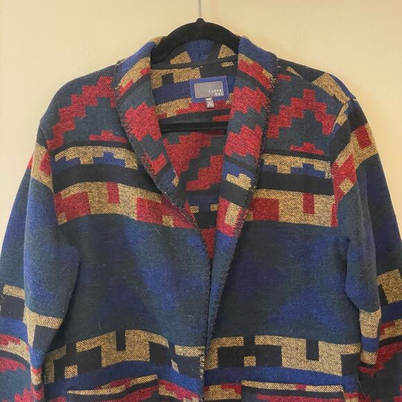 I Love H81 M cardigan multicolor Aztec cabincore cozy wool blue pocket geometric - Picture 2 of 7